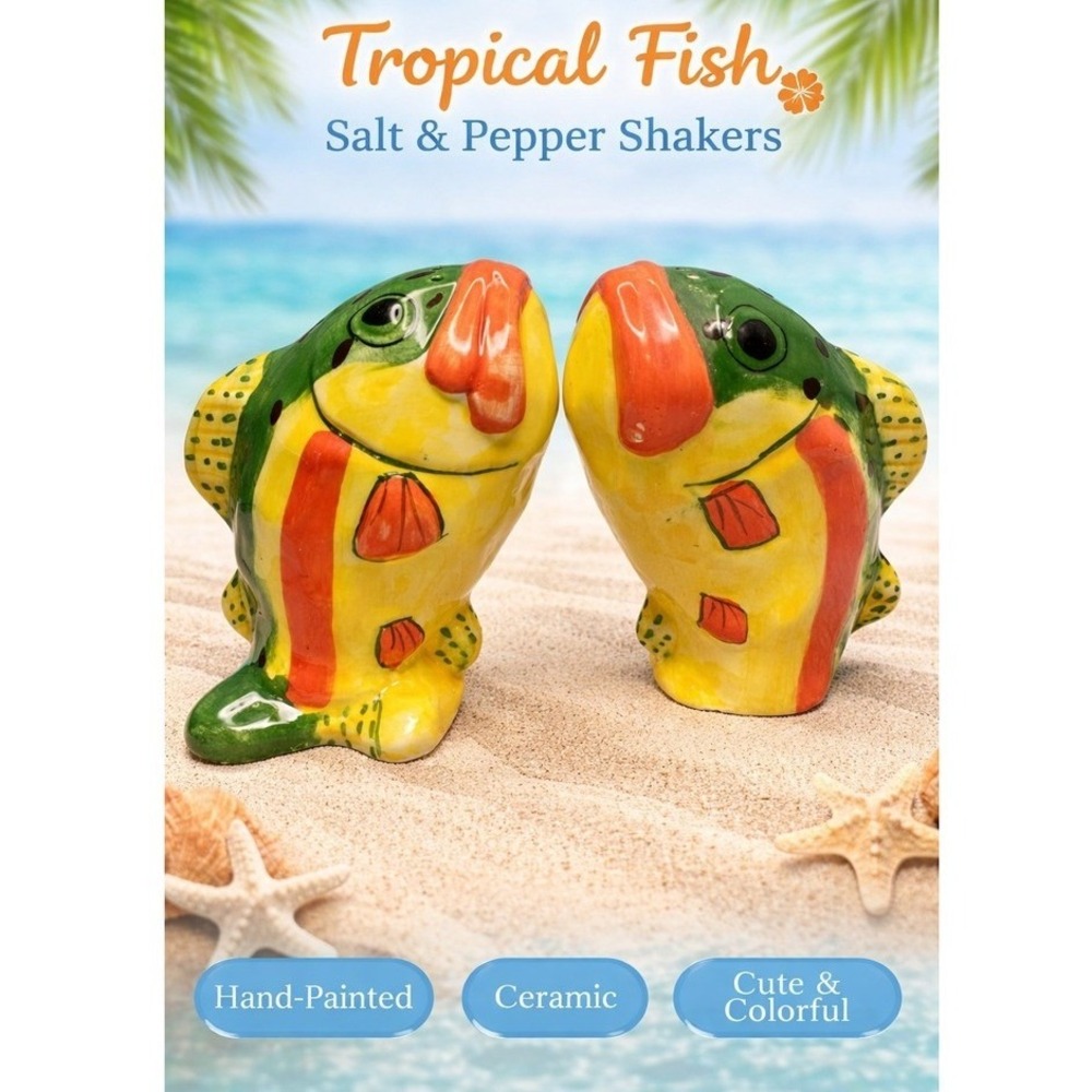 Tropical‎ Fish Salt & Pepper Glass Shakers Set Yellow Green Orange Novelty
